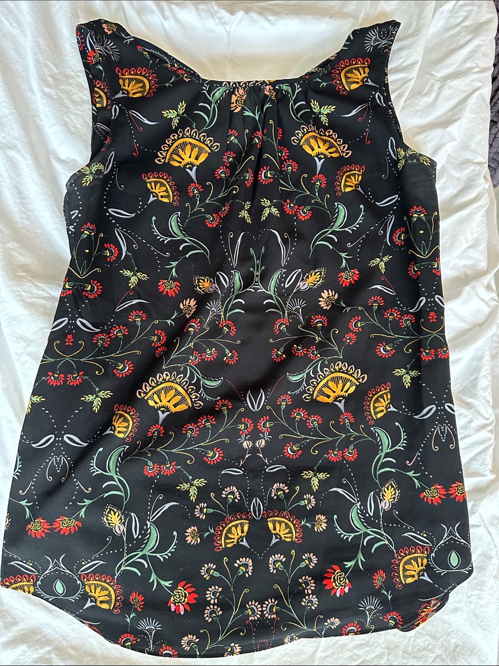 CAbi Black Floral Sleeveless Blouse with Yellow & Red Accents